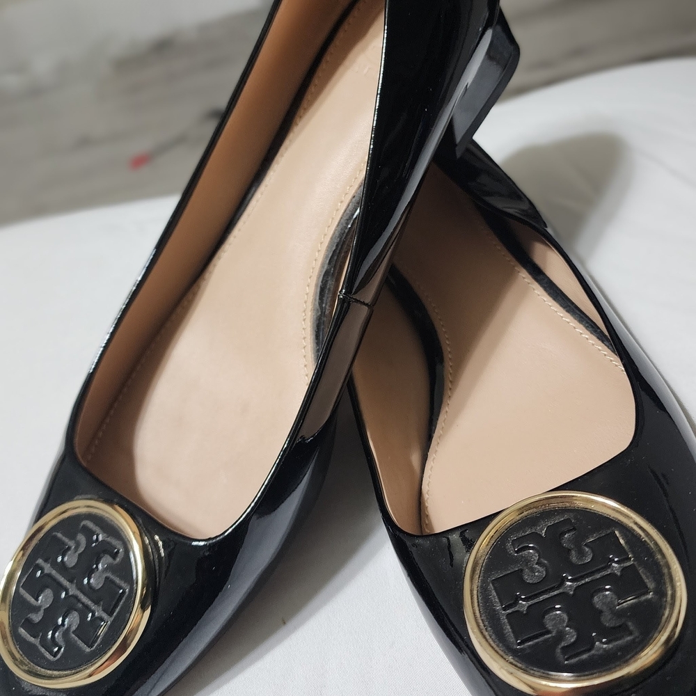 Tory Burch Black Patent Flats with Gold Emblem